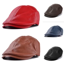 Vintage Style Leather Solid Gatsby Cap Newsboy Men Flat Ivy Hat Driving Cabbie