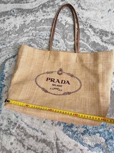 PRADA Logo Print Raffia Tote Bag Shoulder Tote Leather Natural Beige Size XL - Picture 19 of 23