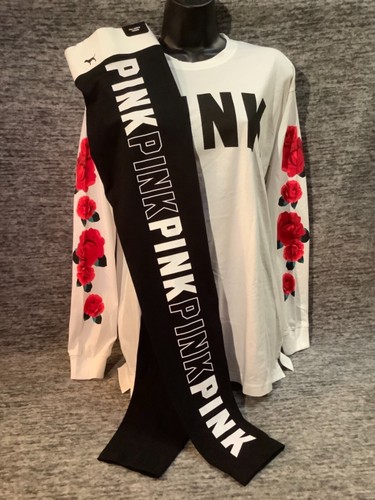 Victoria's Secret Pink Floral Campus Tee Shirt + Leggings Set Red Roses Logo M - Picture 4 of 10