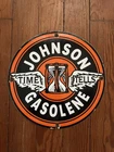 Vintage Johnson Gasolene Sign - Time Tells Gas Motor Oil Pump Porcelain Sign 12”