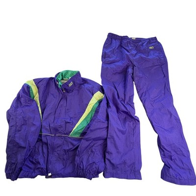 Vintage 80s Asics Tracksuit Mens Medium Purple Nylon Colorblock Jacket Pants