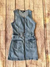 Peace Love Eco By Rewash Denim Mini Dress Sleeveless Belted Size Medium