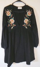 ASOS DESIGN Black Embroidered Floral V-Neck Balloon Sleeve A-Line Dress US 10