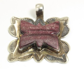 Navajo SIGNED Sterling Silver Stamped Purple Spiny Oyster Shell Pendant