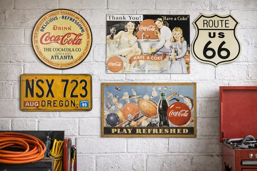 Vintage Style Metal Sign Lot – Coca-Cola & Route 66 Garage Decor