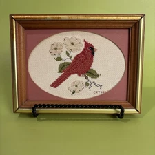 Vintage Cross Stitched  Red Cardinal On A Branch With White Flowers Signed