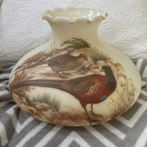 VINTAGE PHEASANT BIRDS WHITE MILK GLASS HURRICANE LAMP SHADE LARGE 10" FITTER