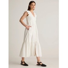 Quince Organic Textured Cotton Smocked V-Neck Midi Dress White XS