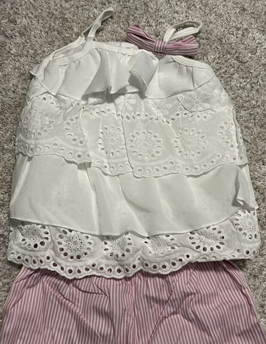 Top con volant e occhielli bianchi e camicie a righe rosa e bianche vestito bambina 2-3t - Foto 2 di 9