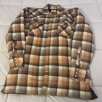 ELY CATTLEMAN Brown Black Blue Plaid Shirt Jacket Men's Medium Flannel Quilted
