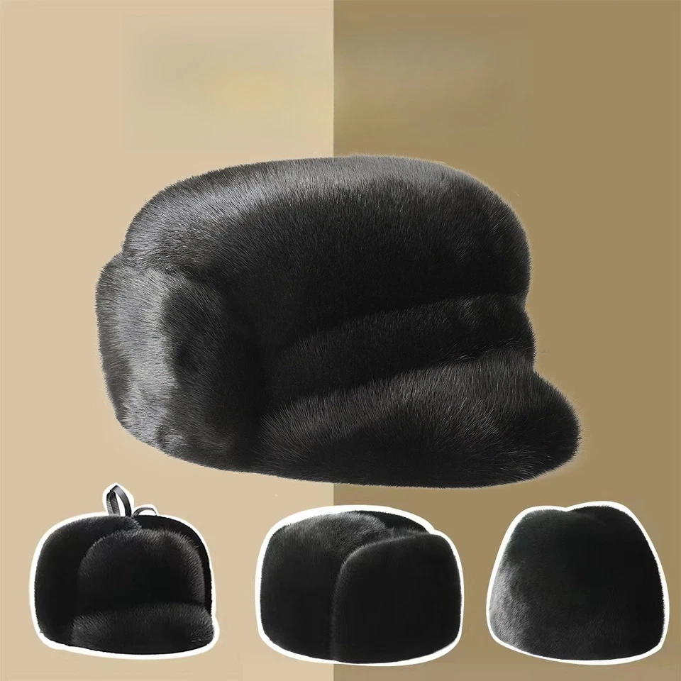 Sombrero de piel de visón para hombre Sombrero de protección de orejas de piel de visón real Sombrero de piel de visón cálido para papá Foto 2 de 4