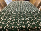 GREEN LINEN TABLECLOTH W/ WHITE CREWEL, OVERALL FLORAL DESIGN 83” X 62” VINTAGE