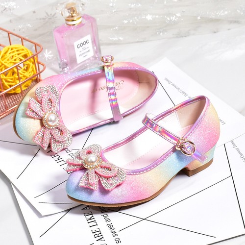 Kids Girls Party Wedding Mary Jane Rainbow Bow Sparkly Sandals Low Heel Shoes UK - Picture 10 of 23