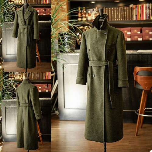 Wool Men Overcoat One Piece Dark Green Lapel Formal Thick Business Long Coat - Picture 1 of 14