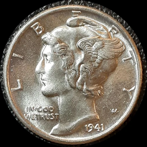 USA 1941 10 cents Mercury dime old silver coin #4146 BU - FULLY split bands