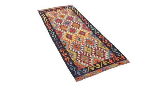 Maimana Kelim Teppich 80x190 Handgewebt Schwarz Geometrisch Handarbeit - Picture 3 of 8
