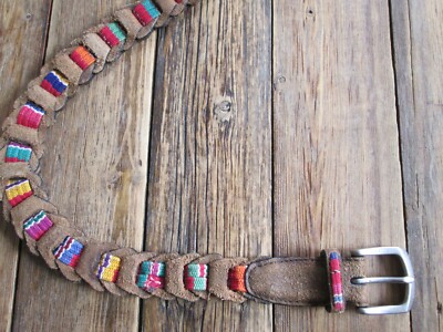 Vintage Woven Brown Leather Belt Aztec Fabric Weave Boho  display picture 3