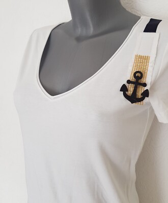 More & More Damen T-Shirt V-Ausschnitt Kurzarm Weiß Gr: 36