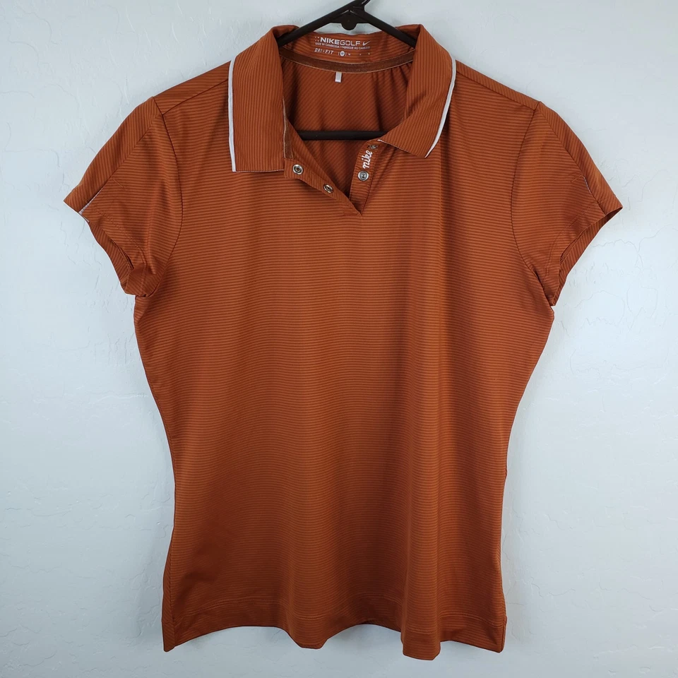 Camisa polo de golf Nike DRI-FIT para mujer mediana naranja quemado a rayas 1/4 botón a presión Foto 4 de 4