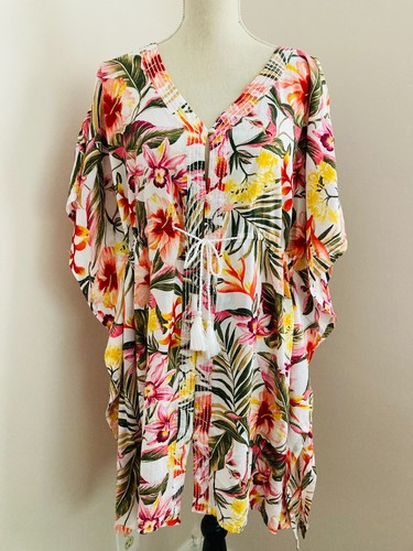 Old Navy Gauze Button-Front Kaftan Swim Cover-Up M Medium White Floral Print