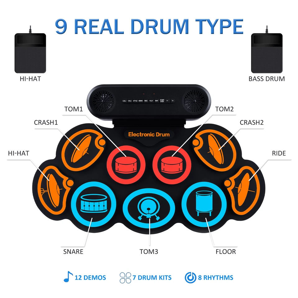 Electronic Drum Set 9 Pads Drum Practice Pad Kit Roll-Up Electric Drum Set USA - Image 2 of 4