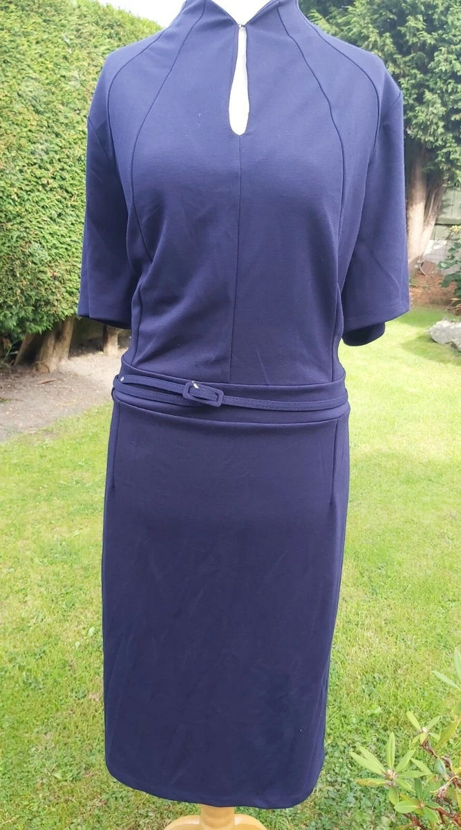 Ladies Smart UK 24 navy Blue Dress Formal Work high neck belt interview