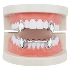 Hip Hop Silver Plated Mouth Teeth 2 Top Single Grillz + Lower bridge Fangs Set