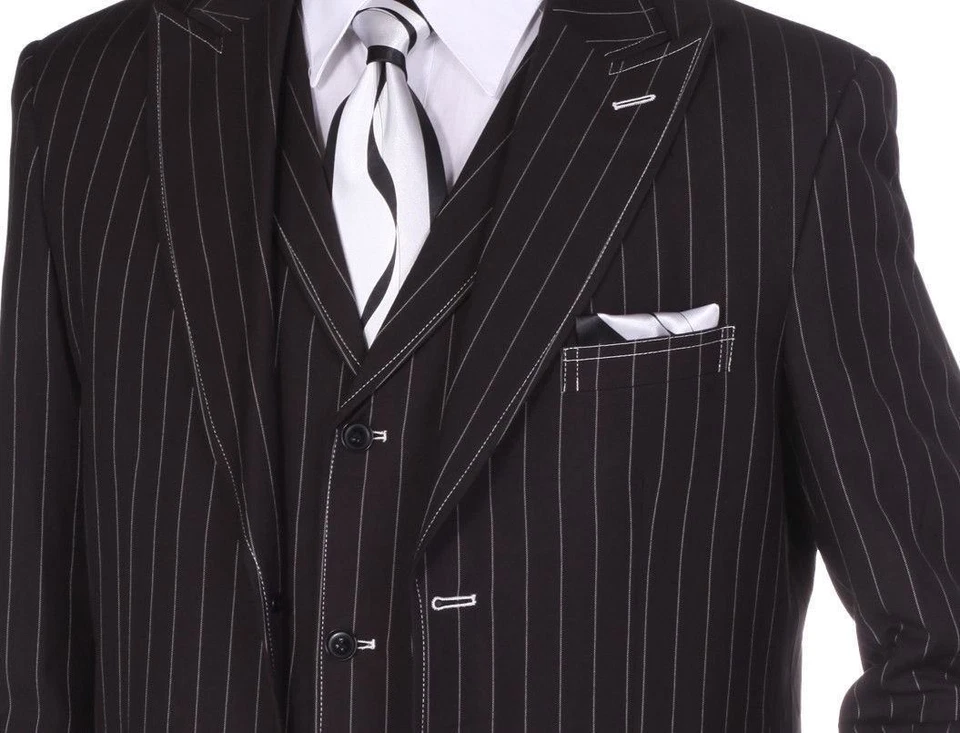 Fortino Landi Men's Gangster Pinstripe 3 Button Suit w/ Vest 5903 Black - Image 3 of 4