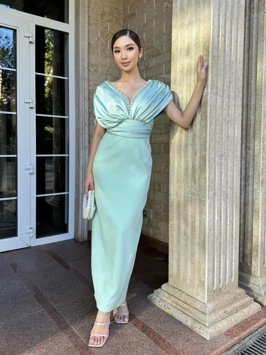 Pleat Sheath V-neck Midi Dresses Prom Modern Style Pastrol Unisex Chinese  Formal