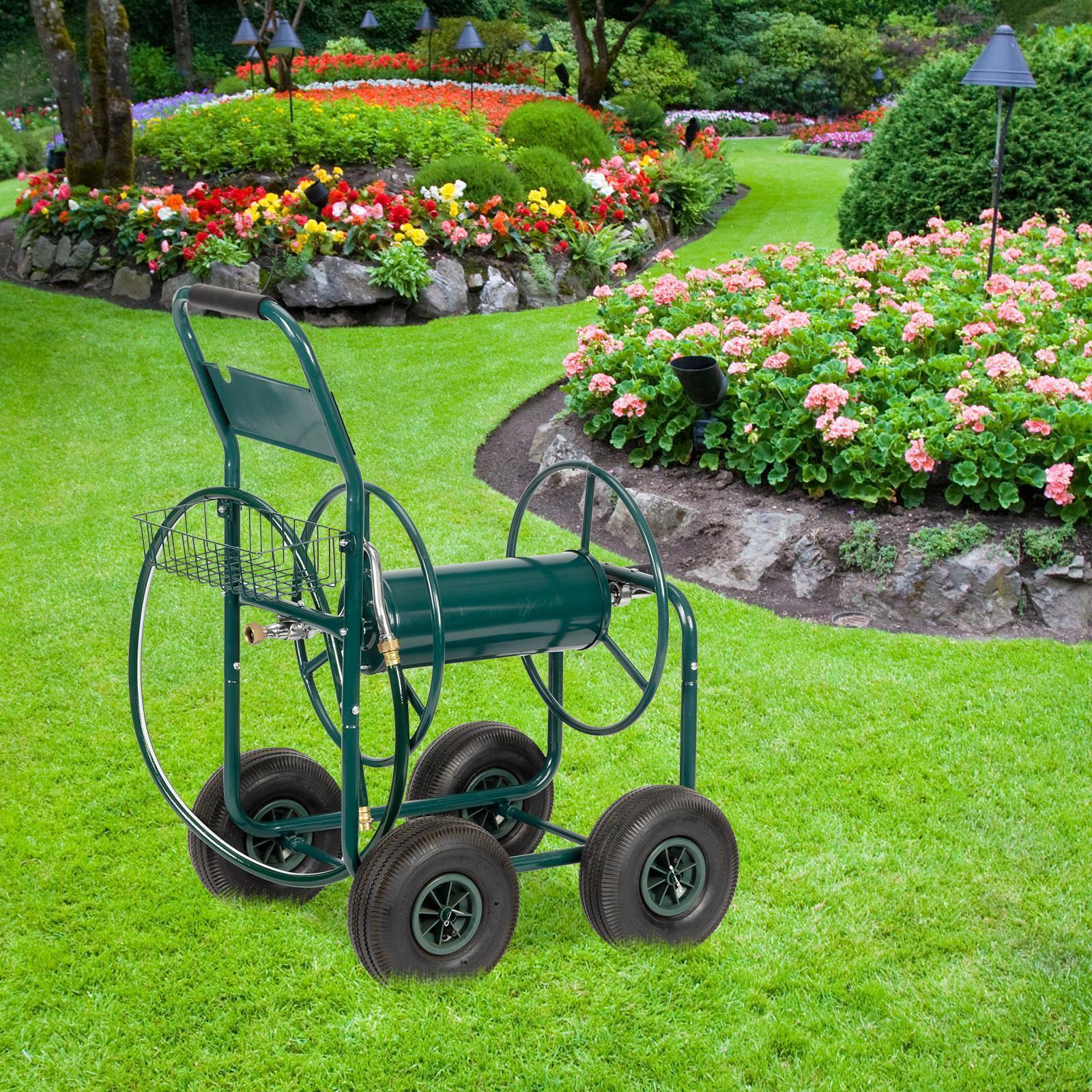 Hose Reel Cart With Wheels Heavy Duty Metal Garden Yard Water Planting