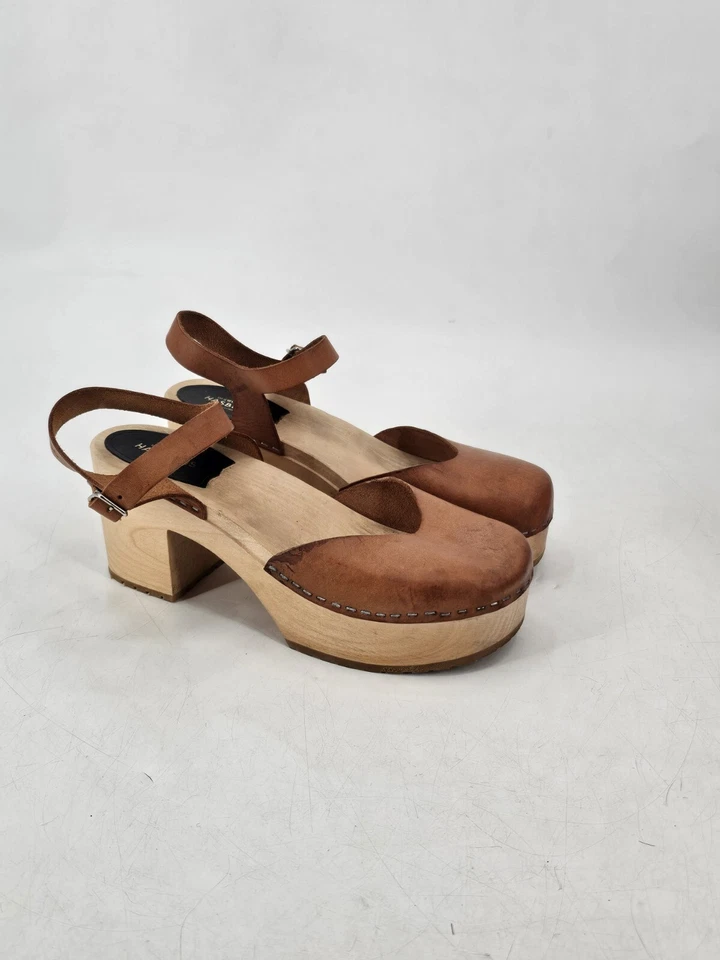 Swedish Hasbeens Brown Ankle Strap Wooden Platform Sandals Clogs Sz 41 Euro - Image 3 of 4