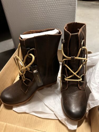 New SOREL Women Joan Of Arctic Wedge II Ankle Boot Full Grain Leather, Burro/ANE - Picture 4 of 5
