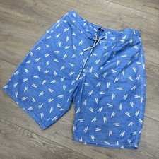 Johnnie-o AOP Logo Blue Swim Trunks Men  s Sz M Preppy Lined Beach Resort