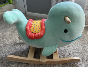 Plush Whale Rocking Toy with Wooden Rocker Base, Light Blue Saddle