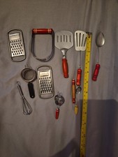 11 LOT VTG Collectible Red Wood Handle Mini Kitchen Utensil Toys 1920-1950
