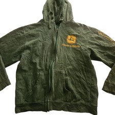 John Deere Hoodie Mens Medium Green Full Zip Sweatshirt Embroidered Patch Logo