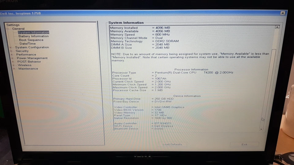 Dell Inspiron 1750 17.3" Laptop Intel Pentium Dual Core T4200 4GB 250GB, NO OS - Image 3 of 4