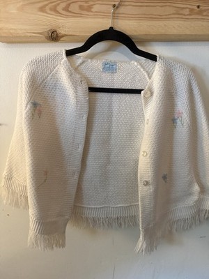 Vintage Julius Berger White Orlon Acrylic Cardigan Sweater  Embroidery & Fringe