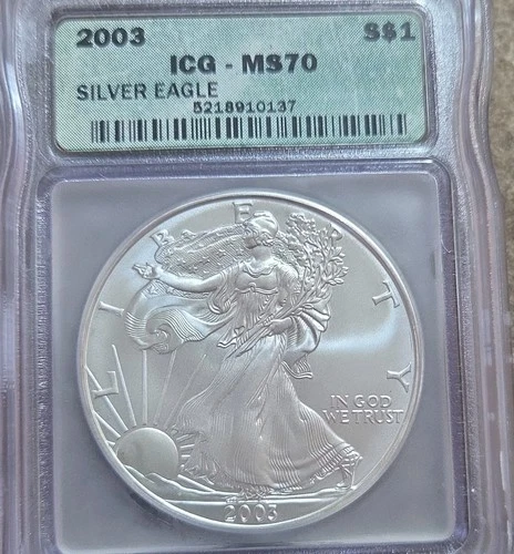 Perfect  2003 American Silver Eagle ICG Graded MS70 1 oz .999 Silver Coin