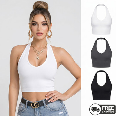 Neckholder Crop Top tailliert ärmellos geschlossen Loop Ausschnitt sexy Gym Yoga Sommer LXL