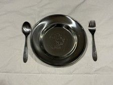 Vintage Denmark child  baby stainless Elephant dinner plate fork spoon Dish set