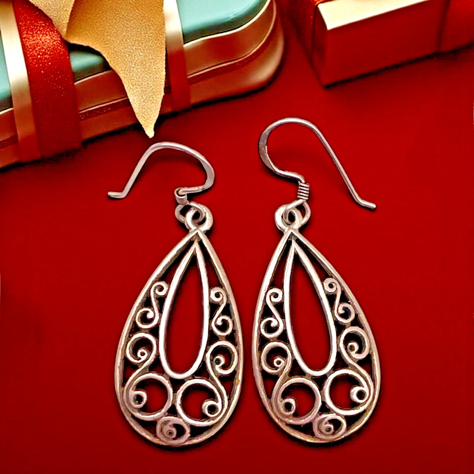 Filigree Open-Cut Swirl Teardrop 925 Sterling Silver Dangle Earrings, 1.5" - Image 2 of 4