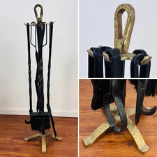 28” Vintage - 5 Piece Fireplace Set - Twisted Iron - Black / Hammered Gold