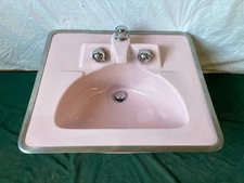 Vtg Mid Century 24x21 Shell Pink Ceramic Crane Drop In Bathroom Sink 398-25E