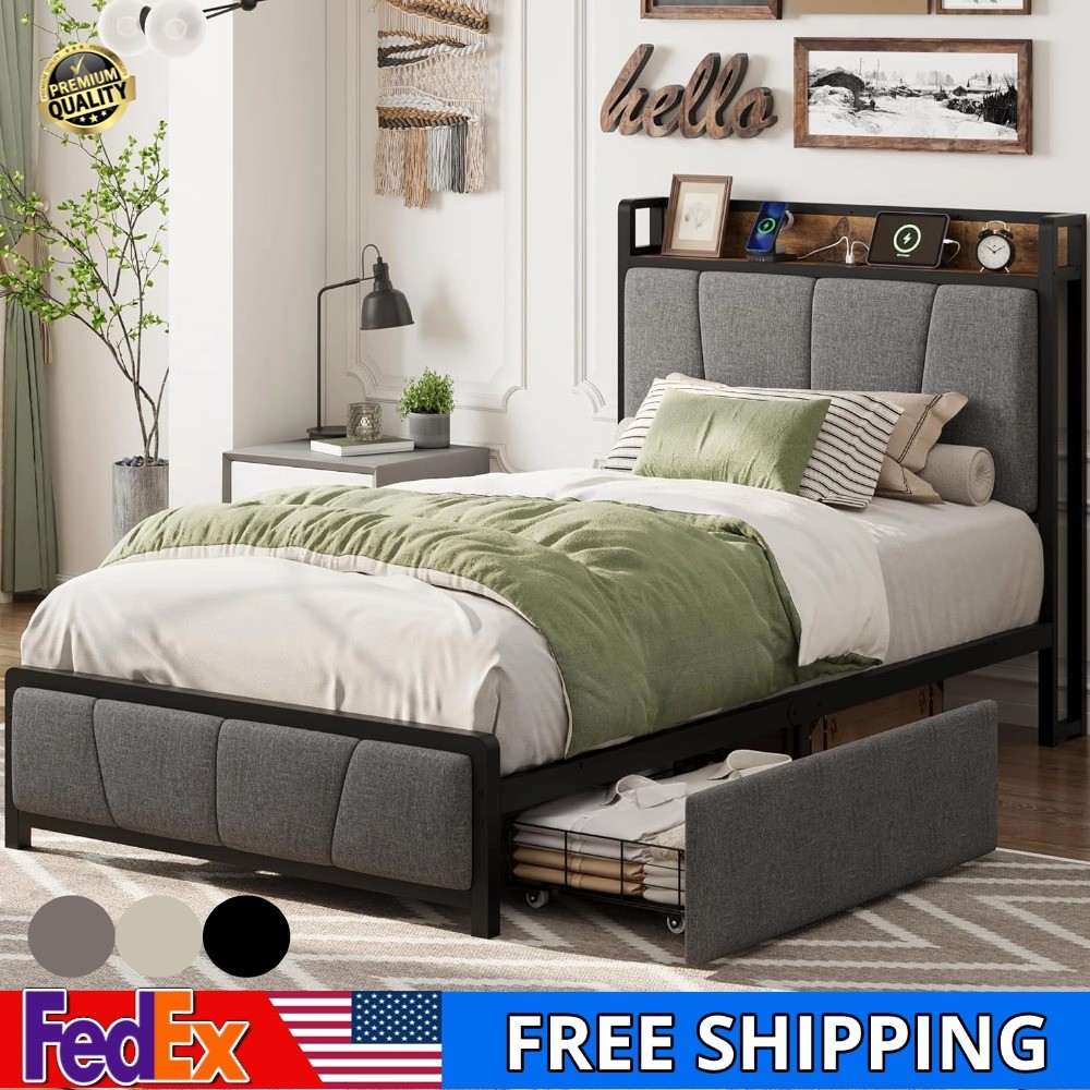 Twin Size Bed Frame Storage Drawers USB Charging Station Rustic Linen Headboard