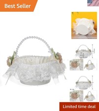 Wedding Flower Girl Basket with Pearl Handle Satin Flower Storage Decor