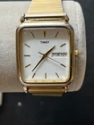 Vintage Timex Quartz Tank Mens Watch 28mm White Dial Day Date Gold New Battery