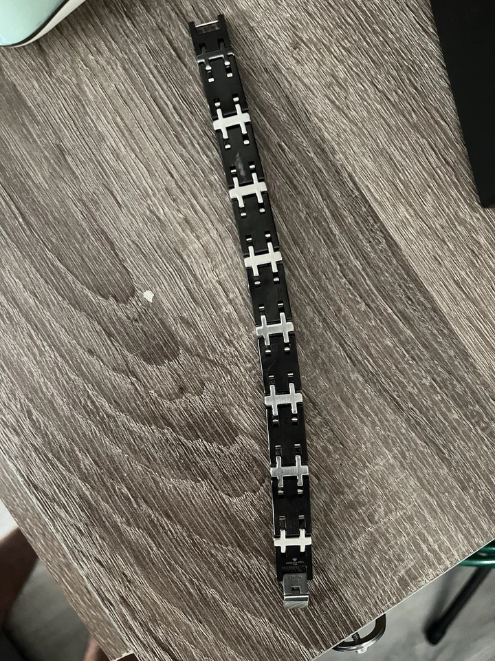 Мужской браслет из нержавеющей стали 8,5 дюйма черно-белый кубический цирконий звено - монох - Изображение 2 из 4