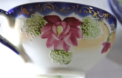 Kane Toku Japanese Porcelain Tea Set: Cobalt, Gold, and Pink Floral, 1950s