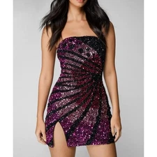 NWT NASTY GAL Butterfly Sequin Bandeau Mini Dress Black Pink 6